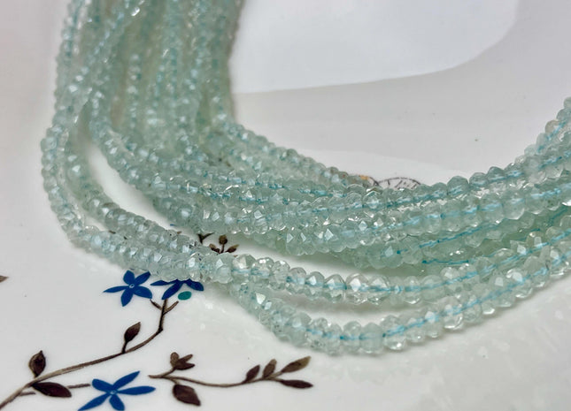 3x5-6mm Natural Gemmy Blue Aquamarine Beads Natural Blue Color Faceted Rondelle Shape 13 Inches Strand #4602