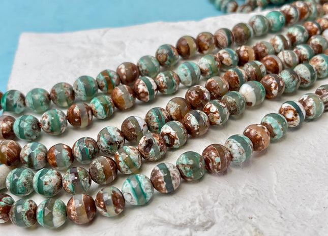 6 mm 8 mm 10 mm DZI Tibetan Agate Faceted Round White Aqua Green And Brown Line Tibetan Agate Gemstone Loose Beads #4600
