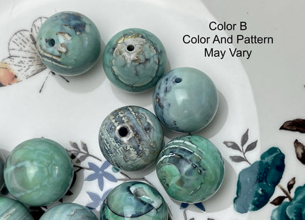 Two Pieces 20 mm Blue Green Dragon Skin Agate Smooth Round Shape Jumbo Size Beads Turquoise Blue Green Color #4603