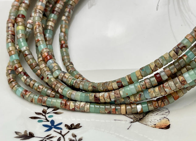 2x4mm Impression Jasper Heishi Rondelle Shape Sea Sediment Green Jasper Discs Gemstone Beads 15.5 Inches Strand #4604