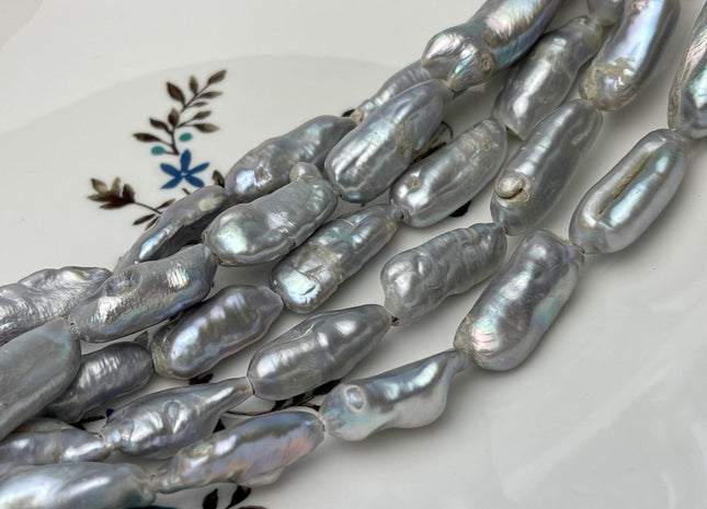 10-11x20-23 mm Large Hole Biwa Stick Half Strand Gray Freshwater Pearls Hole Size 2.2mm 8-9 Beads #P2868