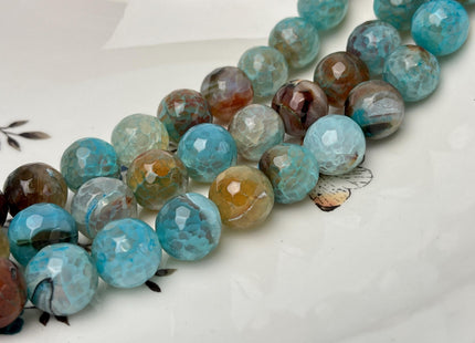 14 mm Faceted Round Agate Gemstone Beads Heat Treated Multi Aquamarine Blue and Brown Color Natural Gemstone Agate 15.5 Inches Strand #4583