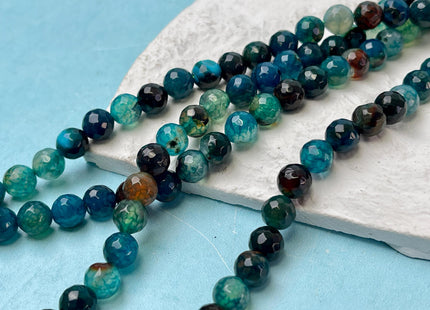 8 mm Faceted Round Agate Gemstone Beads Heat Treated Multi Dark Aquamarine Blue Green Color Natural Gemstone Agate 15.5 Inches Strand #4587
