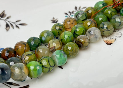 12 mm Faceted Round Agate Gemstone Beads Heat Treated Sage Green Brown W/ Black Waves Color Natural Gemstone Agate 15.5 Inches Strand #4593
