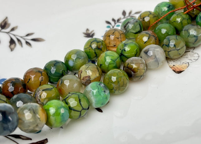 12 mm Faceted Round Agate Gemstone Beads Heat Treated Sage Green Brown W/ Black Waves Color Natural Gemstone Agate 15.5 Inches Strand #4593