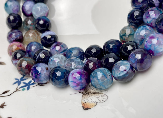 13-14 mm Faceted Round Agate Gemstone Beads Heat Treated Multi Purple Black Blue Color Natural Gemstone Agate 15.5 Inches Strand #4597