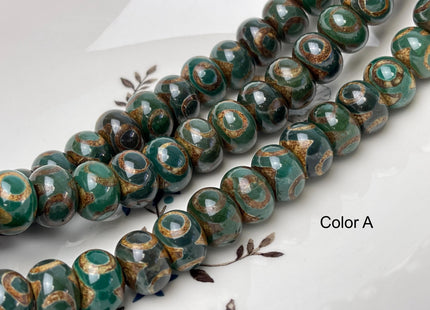 10x14 mm AAA DZI Tibetan Agate Faceted Drum Shape Dark Green Color Eye Agate Gemstone Mala Antique Boho Beads 12.5 Inches 34 Beads #3241