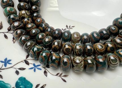 10x14 mm AAA DZI Tibetan Agate Faceted Drum Shape Dark Green Color Eye Agate Gemstone Mala Antique Boho Beads 12.5 Inches 34 Beads #3241
