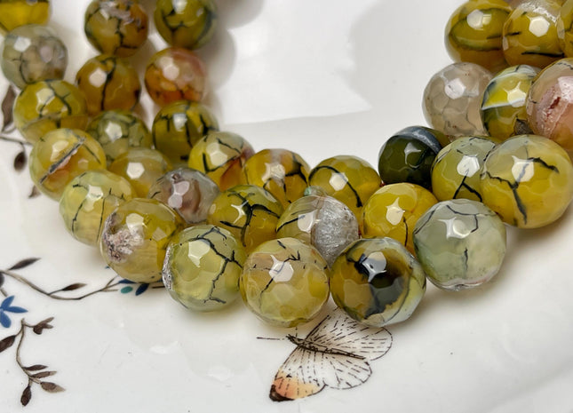 16 mm Faceted Round Agate Gemstone Beads Heat Treated Yellow Green W/ Black Lines Color Natural Gemstone Agate 15.5 Inches Strand #4630