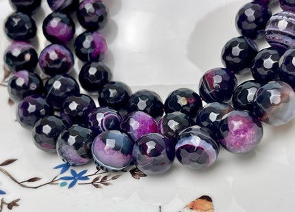 14 mm Faceted Round Agate Gemstone Beads Heat Treated Black and Purple Color Natural Gemstone Agate 15.5 Inches Strand #4632