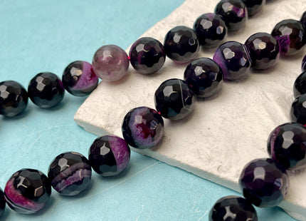 14 mm Faceted Round Agate Gemstone Beads Heat Treated Black and Purple Color Natural Gemstone Agate 15.5 Inches Strand #4632