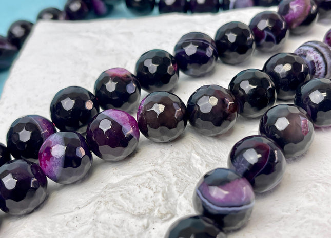 14 mm Faceted Round Agate Gemstone Beads Heat Treated Black and Purple Color Natural Gemstone Agate 15.5 Inches Strand #4632