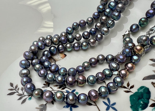 14/16/28/20/22/24 Inches Hand Knotted 8-9 mm AA Blue Peacock Potato Freshwater Pearl With Silver Clasp #P2872