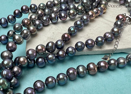 14/16/28/20/22/24 Inches Hand Knotted 8-9 mm AA Blue Peacock Potato Freshwater Pearl With Silver Clasp #P2872