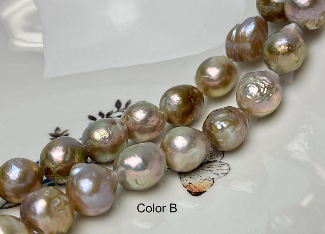15-16 mm AAA Half Strand Large Hole Very Rare Dark Mauve Pink W/Avacado Gold Sheen Baroque Pearl Bead Hole Size 2.2mm 13 Beads #P2869