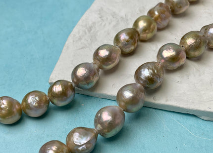 15-16 mm AAA Half Strand Large Hole Very Rare Dark Mauve Pink W/Avacado Gold Sheen Baroque Pearl Bead Hole Size 2.2mm 13 Beads #P2869