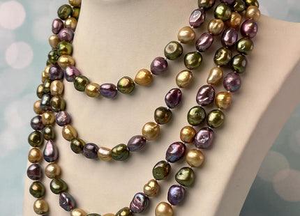8-9x10-11 mm 40/54/64 Inches Hand Knotted Mixed Purple Green Champagne Color Rice Nugget Freshwater Pearl Necklaces #P2855