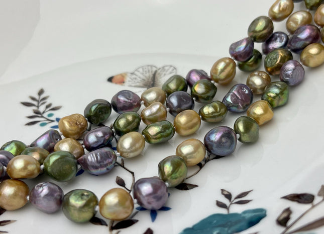 8-9x10-11 mm 40/54/64 Inches Hand Knotted Mixed Purple Green Champagne Color Rice Nugget Freshwater Pearl Necklaces #P2855