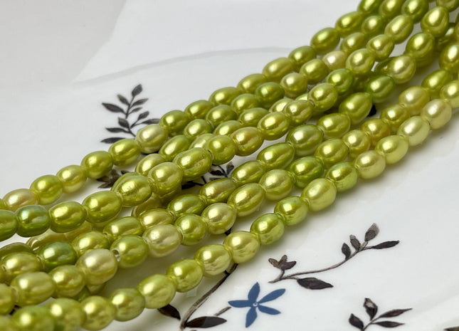 6x7-8 mm Lime Green Large Hole Rice/Oval Smooth Freshwater Pearl Beads Hole Size 2.0mm 60 Beads #P2858