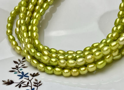 6x7-8 mm Lime Green Large Hole Rice/Oval Smooth Freshwater Pearl Beads Hole Size 2.0mm 60 Beads #P2858