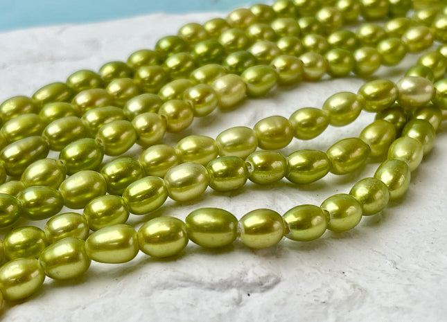 6x7-8 mm Lime Green Large Hole Rice/Oval Smooth Freshwater Pearl Beads Hole Size 2.0mm 60 Beads #P2858