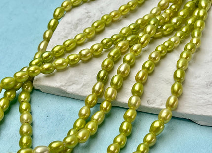 6x7-8 mm Lime Green Large Hole Rice/Oval Smooth Freshwater Pearl Beads Hole Size 2.0mm 60 Beads #P2858