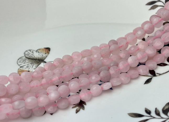 6mm Micro Faceted Diamond Cut Pink Color Rose Quartz Flat Coin Disc Shape 15.5 Inches Strand 60 Beads #4536