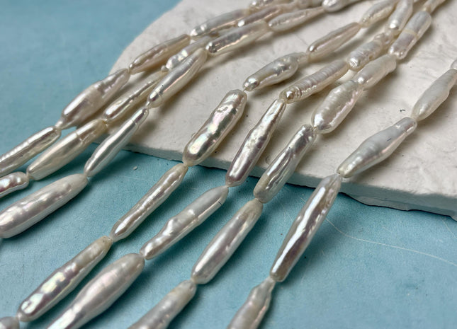 6-6.5x23-25mm Natural White Biwa Stick Freshwater Pearl Beads Genuine Biwa Rectangle Stick Pearls 15-16 Beads #P2863