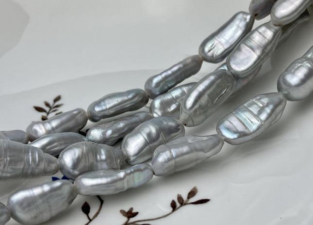 11x20-23 mm Large Hole Biwa Stick Half Strand Gray Freshwater Pearls Genuine High Luster Stick Pearls Hole Size 2.2mm 8 Beads #P2864