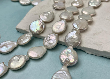 15x17-18mm Half Strand Natural White Coin Freshwater Pearl Beads Genuine Tear Drop Flat Coin Pearls 10 Beads #P2866