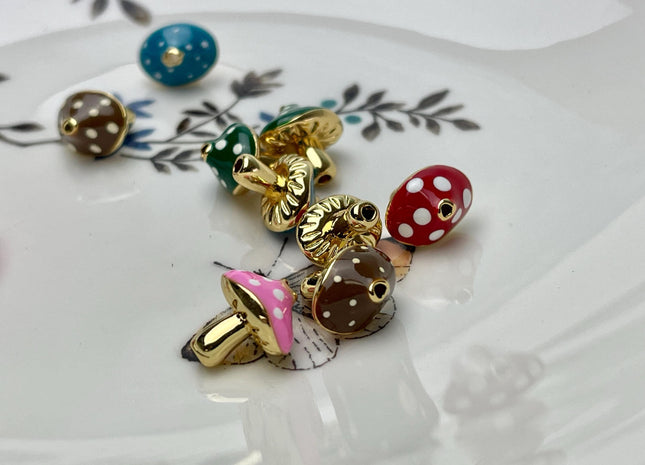 Mushroom Design Spacer Bead Charms for Necklace Jewelry Making, 18K Gold Plated Enamel Charm for DIY Jewelry, One Piece #CR0080