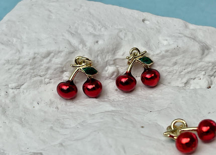 Red Cherry Fruit Design Charms for Necklace Jewelry Making, 18K Gold Plated Charm Enamel Colored Medallion Pendant, One Piece #CR0094