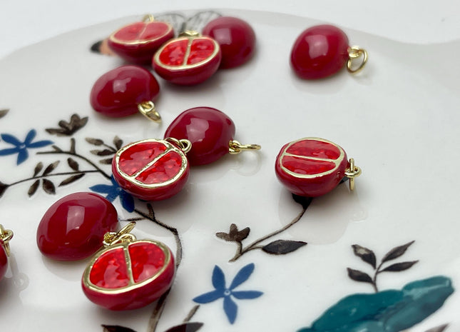 Pomegranate Fruit Design Charms for Necklace Jewelry Making, 18K Gold Plated Charm Enamel Colored Medallion Pendant DIY, One Piece #CR0089