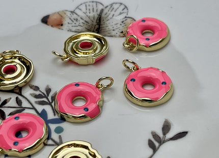 Pink Donut Design Charms for Necklace Jewelry Making, 18K Gold Plated Charm Enamel Colored Medallion Pendant for DIY, One Piece #CR0087