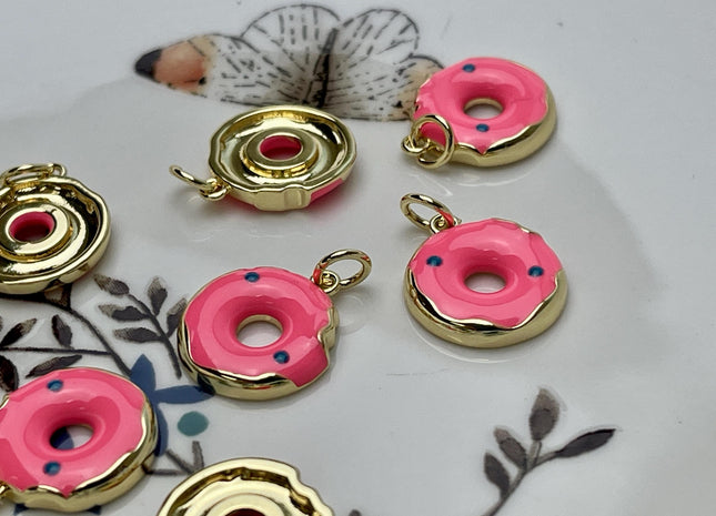 Pink Donut Design Charms for Necklace Jewelry Making, 18K Gold Plated Charm Enamel Colored Medallion Pendant for DIY, One Piece #CR0087