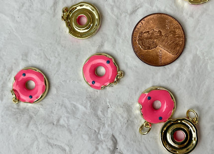 Pink Donut Design Charms for Necklace Jewelry Making, 18K Gold Plated Charm Enamel Colored Medallion Pendant for DIY, One Piece #CR0087