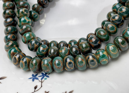 10x14 mm AAA DZI Tibetan Agate Faceted Drum Shape Dark Green Color Eye Agate Gemstone Mala Antique Boho Beads 12.5 Inches 34 Beads #3241