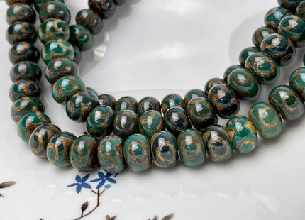 10x14 mm AAA DZI Tibetan Agate Faceted Drum Shape Dark Green Color Eye Agate Gemstone Mala Antique Boho Beads 12.5 Inches 34 Beads #3241