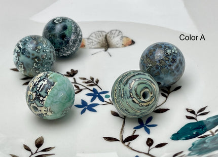 Two Pieces 20 mm Blue Green Dragon Skin Agate Smooth Round Shape Jumbo Size Beads Turquoise Blue Green Color #4603