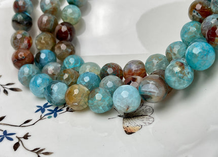 14 mm Faceted Round Agate Gemstone Beads Heat Treated Multi Aquamarine Blue and Brown Color Natural Gemstone Agate 15.5 Inches Strand #4583