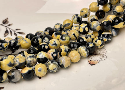 10 mm Faceted Round Fire Agate Gemstone Beads Heat Treated Black And Yellow Color Agate 15.5 Inches Strand #4584