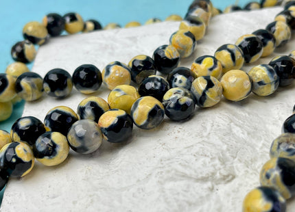 10 mm Faceted Round Fire Agate Gemstone Beads Heat Treated Black And Yellow Color Agate 15.5 Inches Strand #4584