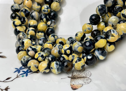 10 mm Faceted Round Fire Agate Gemstone Beads Heat Treated Black And Yellow Color Agate 15.5 Inches Strand #4584
