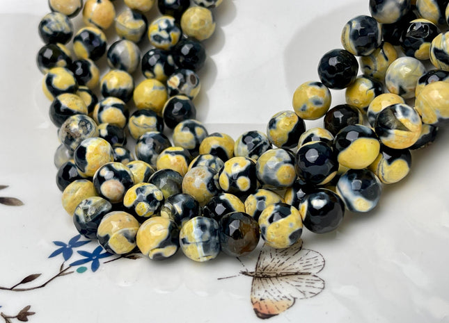 10 mm Faceted Round Fire Agate Gemstone Beads Heat Treated Black And Yellow Color Agate 15.5 Inches Strand #4584