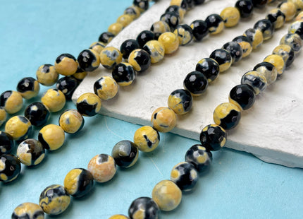 10 mm Faceted Round Fire Agate Gemstone Beads Heat Treated Black And Yellow Color Agate 15.5 Inches Strand #4584