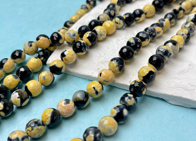 10 mm Faceted Round Fire Agate Gemstone Beads Heat Treated Black And Yellow Color Agate 15.5 Inches Strand #4584