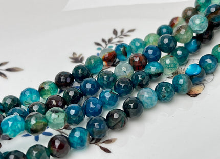 8 mm Faceted Round Agate Gemstone Beads Heat Treated Multi Dark Aquamarine Blue Green Color Natural Gemstone Agate 15.5 Inches Strand #4587