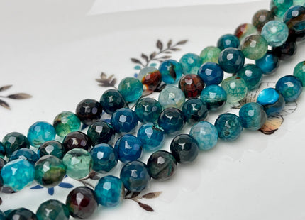 8 mm Faceted Round Agate Gemstone Beads Heat Treated Multi Dark Aquamarine Blue Green Color Natural Gemstone Agate 15.5 Inches Strand #4587