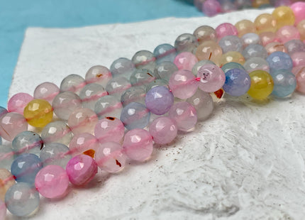 8 mm Faceted Round Agate Gemstone Beads Heat Treated Morganite Pink Blue Yellow Color Natural Gemstone Agate 15.5 Inches Strand #4589