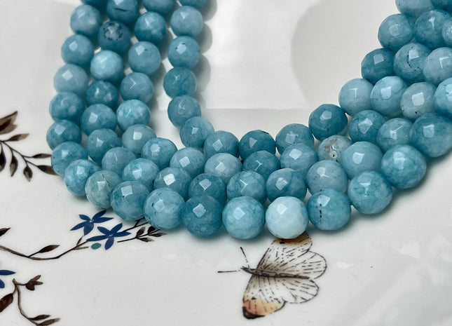 10 mm Faceted Round Agate Gemstone Beads Heat Treated Aquamarine Blue Color Natural Gemstone Agate 15.5 Inches Strand #4592
